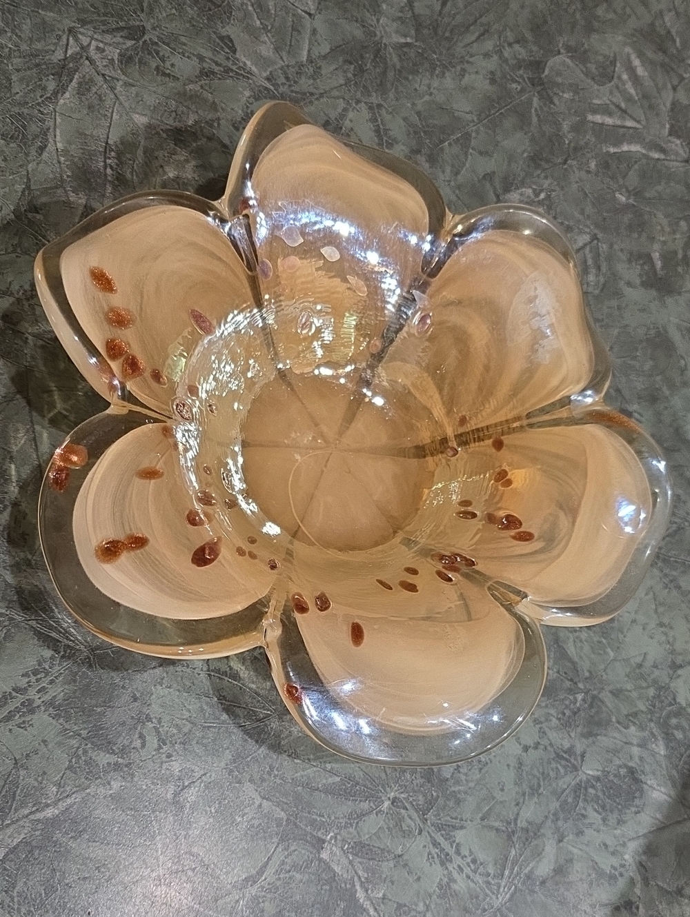 Glass Flower Bowl in Soft Peach with Amber Accents